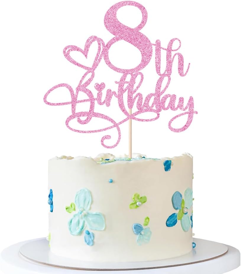 Happy 8th Birthday Cake Topper，Anniversary Party/Boy or Girl Eight Year Old Birthday Party Supplies Pink Glitter