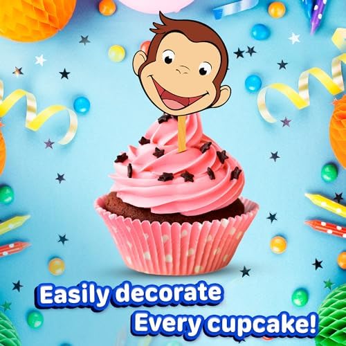 24x Curious Monkey Cupcake Toppers – Strong Picks Happy Birthday Décor, Cupcake Decorations for Kids Birthdays