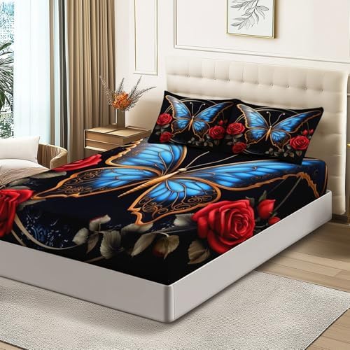 Queen Size Fitted Sheet Blue Red Breathable Brushed Microfiber Deep Pocket Fitted Sheet, Retro Plants Flowers Butterflies Pattern Soft Bed Sheets Set Shrinkage Fade Resistant