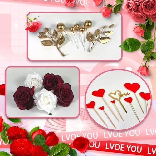 Happy Valentine's Day Cake Topper with Artificial Roses Balls for Wedding Anniversary Engagement Happy Valentine's Day Party Supplies