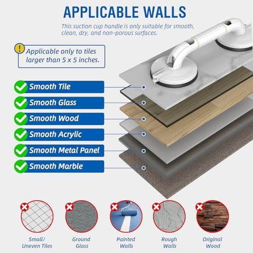 Grab Bars for Bathtubs & Showers 2 Pack, 265lbs Shower Grab Bars for Seniors with Safety Indicator, Night Glow, 15 Inch No-Drilling Heavy Duty Shower Handles for Elderly Suction