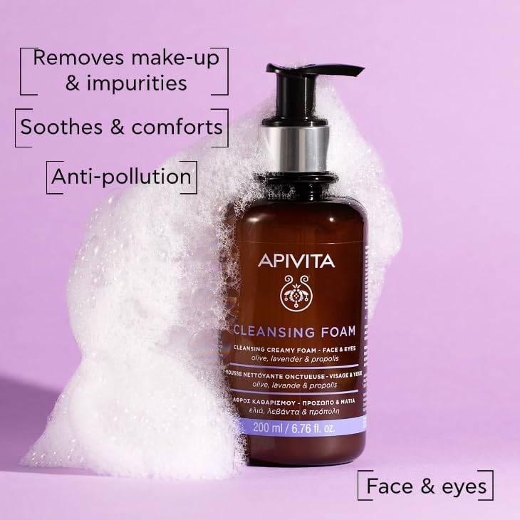 Apivita Cleansing Foam | Hydrating & Soothing Cleansing Creamy Foam for Face & Eyes with Olive, Lavender & Propolis, 200 mL / 6.67 oz