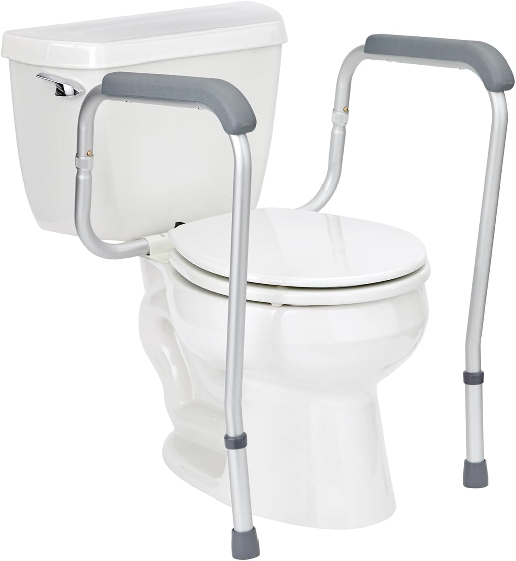 Foldable Toilet Safety Rail with Adjustable Height – Universal Fit for Standard or Elevated Seats – Aluminum Frame, Width Adjustable Armrests, Easy Install Over Toilet – Retail Box
