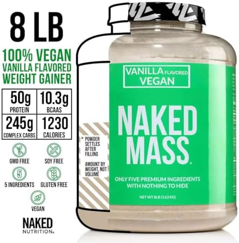 NAKED Vegan Mass - Vanilla Vegan Weight Gainer - 1,230 Calories, NSF Certified, Non-GMO, Soy & Gluten Free, No Artificial Ingredients - 8LB Bulk - 11 Servings