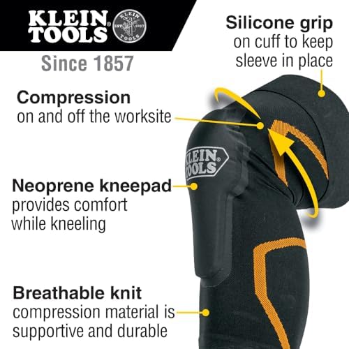 Klein Tools 60624 Knee Pad Compression Sleeve, Knee Support for Construction, Workers and Athletes, Black, L/XL