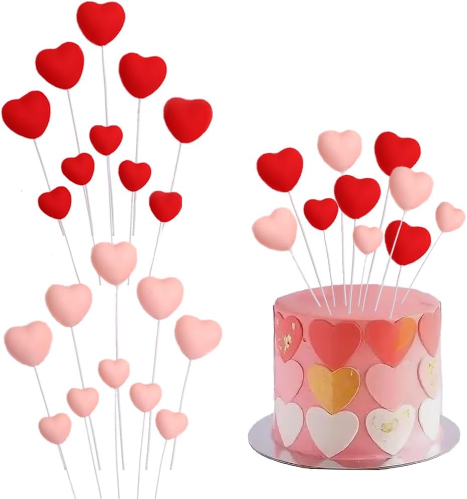 20 Pcs Heart Cake Toppers 3D Red Pink Heart Cupcake Toppers 2 Sizes Love Heart Cake Decoration for Valentine’s Day Cute Resin Heart Party Supplies for Wedding Birthday Mother’s Day