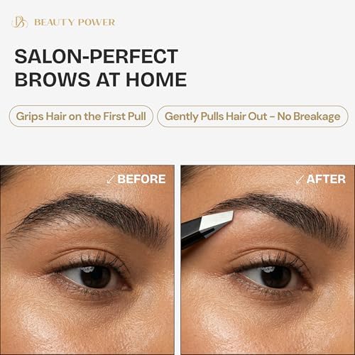 Beauty Power Tweezers for Women Facial Hair: Ultra Precision Tweezers for Women & Men, Sharp Slant Tweezer for Eyebrows, Ingrown Hair Removal. Professional Plucker + Case, German Stainless Steel Black