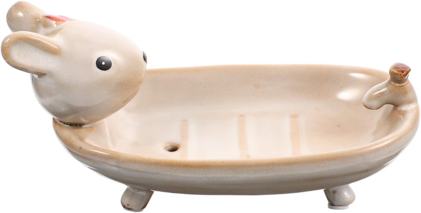 Cabilock Ceramic Soap Dish for Bathroom Kitchen Cute Cartoon Animal Design Soap Holder Dual Drainage for Keys