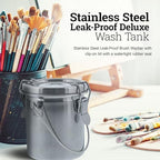 U.S. Art Supply Stainless Steel Leak-Proof Deluxe Paint Brush Washer with Wash Tank, Clip-On Lid, and Strainer Cup - Oil Paint Brush Cleaner for Artists