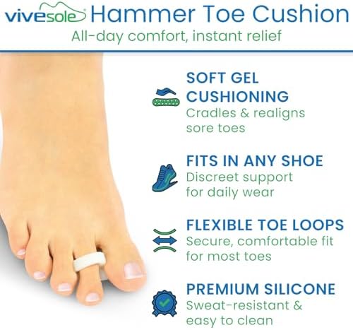 VIVEsole Hammer Toe Crest Cushion & Buttress Pad - Reduces Pressure from Calluses & Hammer Toes (Pair) - for Left & Right Feet - Toe Separator Corrector for Curled, Crooked, Curved, Overlapping Toes