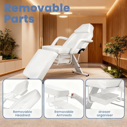 881LBS Massage Table Spa Bed, Facial Beds for Esthetician with Hydraulic Stool, Tattoo Chair 3-Section Adjustable, 70.8''W x 24.4''D x 24.4''H, Detachable Headrest & Drawer Organizer