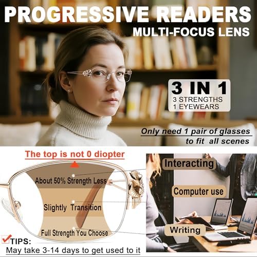 touk Photochromic Progressive Multifocal Reading Glasses for Women, Stylish Half Rim Metal Frame Anti Blue Light Sun Readers