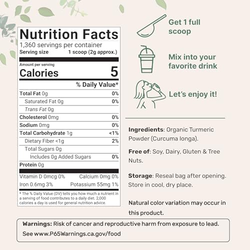 Organic Turmeric Powder, 5 Pounds | Rich in Active Curcumin | Pure Turmeric Supplement | Antioxidant Support for Joint & Immune Health | Non-GMO, Vegan Friendly, India Origin