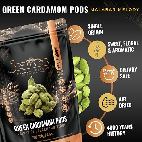 5Senses Green Malabar Cardamom Pods | Cardamomo | Malabar Melody | Whole Green Cardamom Pods | Single Origin Non-GMO Cardamom | Gourmet Spice, Baking Spice, Tea Spice, Indian Spice, Vegan, Gluten Free, Kosher Spices (3.5oz/100g)