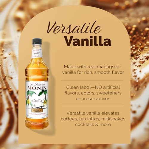Monin - Vanilla Syrup with Monin BPA Free Pump, Boxed, Versatile Flavor, Great for Coffee, Shakes, and Cocktails, Gluten-Free, Non-GMO (1 Liter)