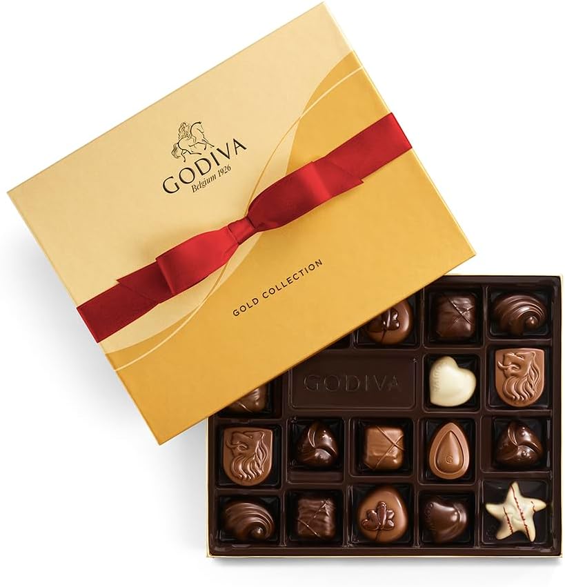 Godiva Chocolatier Assorted Chocolate Gift Box, Creamy Milk Dark, and White Chocolates for Loved Ones, Gourmet Valentine Box of Chocolate for Gift Basket, Candy Variety Pack, 18pc