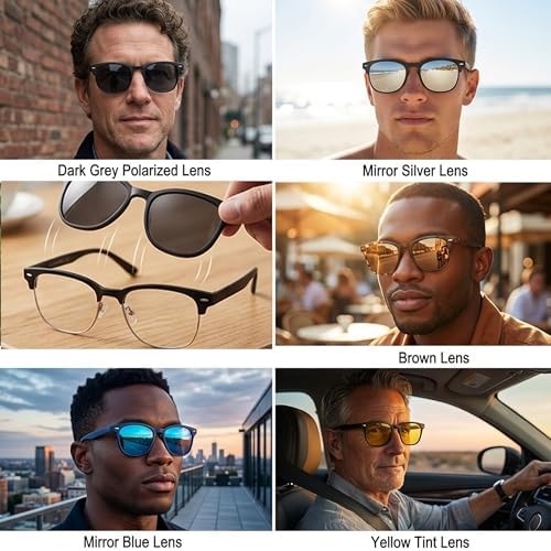 5 Pcs Magnetic Clip On Sunglasses Retro Half-Frame Interchangeable Polarized Tinted Lenses for Men and Women Unique Gift Stick-on Trendy Fashion Magnetic Sunglasses
