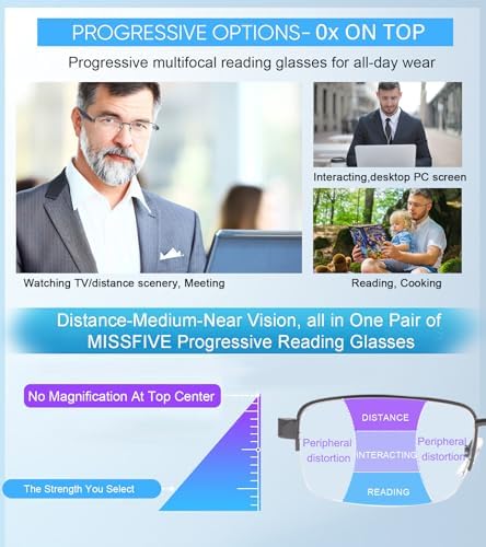 Missfive Mens Premium Multifocus Reading Glasses 0 Power on Top Center, Blue Light Blocking Far/Mid/Near Progressive Metal Frame With No Broken Spring Hinge +2.0x