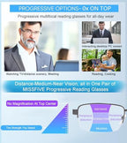 Missfive Mens Premium Multifocus Reading Glasses 0 Power on Top Center, Blue Light Blocking Far/Mid/Near Progressive Metal Frame With No Broken Spring Hinge +2.0x