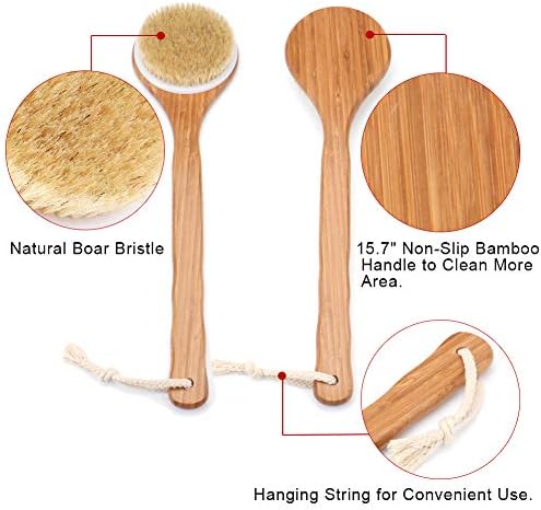 Shower Brush with Natural Bristle - Long Bamboo Handle Bath Body Brush for Wet or Dry Brushing - Improves Blood Circulation, Exfoliating Skin