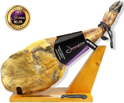 Iberico Ham Acorn-fed Bellota 100% Pure Breed (shoulder) Bone in from Spain - Jamon 100% Iberico de Bellota Pata Negra (Paleta Iberica) - Gluten Free (Ham stand & Knife included)