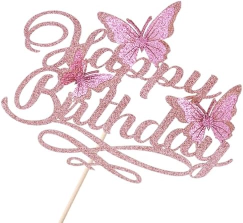 3D Butterfly Happy Birthday Cake Topper，Glitter Butterfly Birthday Cake Decorations，Baby Shower/Boys Girls Women's Birthday Party Supplies(Rose Gold Pink)