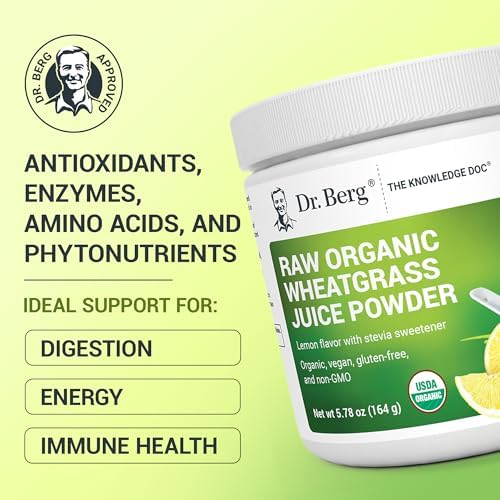 Dr. Berg USDA Certified Organic Green Powder Superfood (60 Servings) - Made with Raw Wheatgrass, Chlorophyll, Trace Minerals & Natural Enzymes - Non-GMO Green Superfood Powder - Lemon Flavor