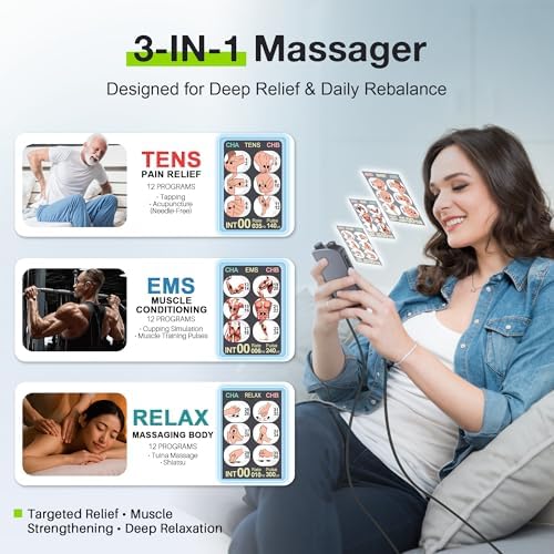 TENS Unit Muscle Stimulator with Color Display,Dual Channel TENS EMS Machine with Customizable Frequency&Pulse Width,36 Modes,20 Intensity Levels,Rechargeable Pain Relief Device–Black(Button Layout B)