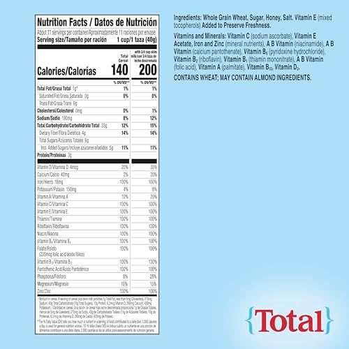 Total Breakfast Cereal, 100% Daily Value of 11 Vitamins and Minerals, Whole Grain Cereal, 16 oz