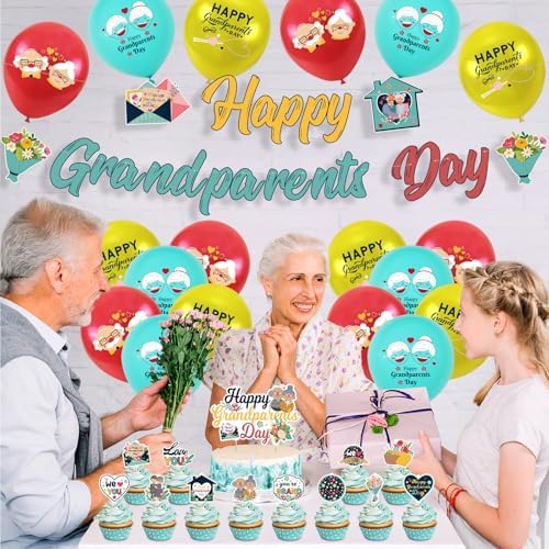 Happy Grandparents Day Cake & Cupcake Toppers Set – 1PC Love Grandma & Grandpa Cake Topper + 12PCS Cupcake Picks – Retirement, Birthday, Anniversary Elderly Party Decorations