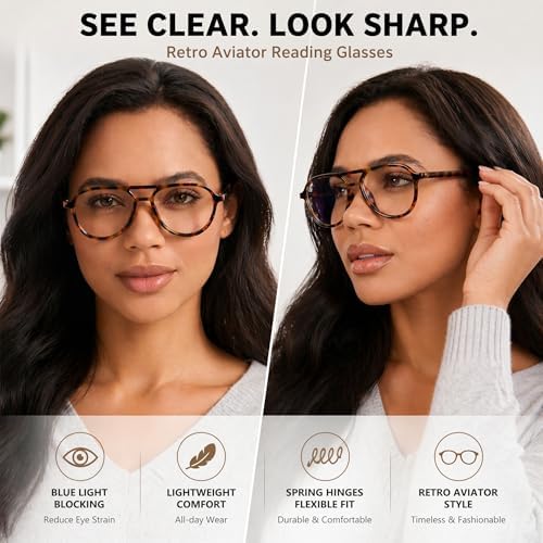 Retro Aviator Reading Glasses for Women Men, Blue Light Blocking Computer Readers