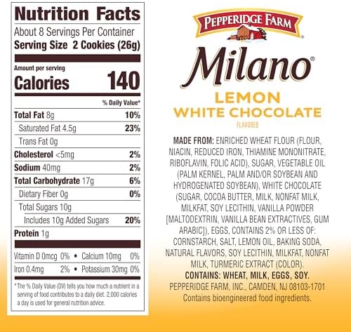 Pepperidge Farm Milano White Chocolate Lemon Flavored Cookies, 7 Oz Bag (Pack of 2)