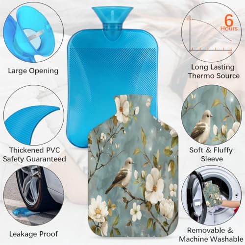 Elegant Cute Bird Flower Hot Water Bottle with Cover 2L Large Hot Water Bag for Menstrual Cramps, Neck and Shoulder Pain Relief, Hot Cold Therapy, Hand Feet Warmer