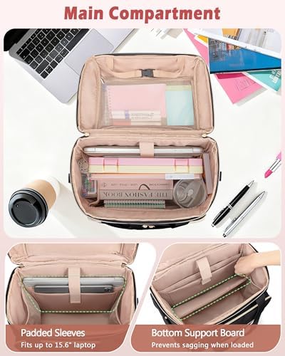 Rolling Teacher Bag with Accordion File Organizer & 15.6" Laptop Compartment, Wheeled Work Briefcase Tote with Detachable Trolley & Crossbody Strap for Women, Black