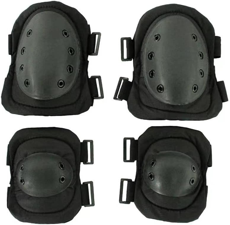 Military Tactical Knee Pad Elbow Pad Set Airsoft Knee Elbow Protective Pads Combat Paintball Skate Outdoor Sports Safety Guard Gear (Black-Set of 4, M-for Adult)