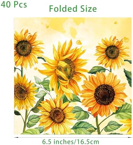 40Pcs Sunflower Paper Napkin Sunflower Party Napkins Yellow Flower Disposable Napkins Sunflower Decorative Luncheon Dinner Paper Napkin Sunflower Theme for Wedding, Theme Party, Birthday, 6.5 Inch