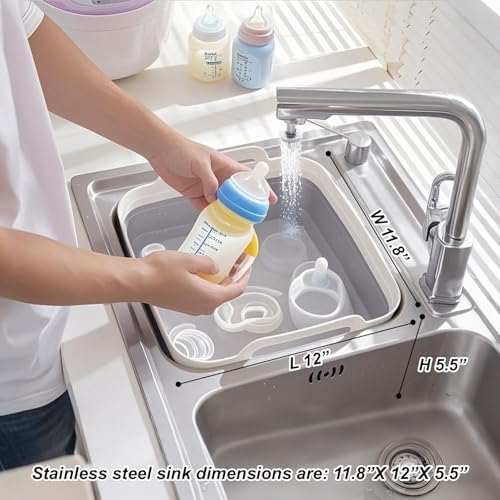 Collapsible Dish Basin & Sink Tub with Drain Plug – 2.4 Gal Baby Bottle Wash Basin, Bottle Washing Bin for RV, Camping, Kitchen | Collapsible Water & Bottle Basin (Grey)