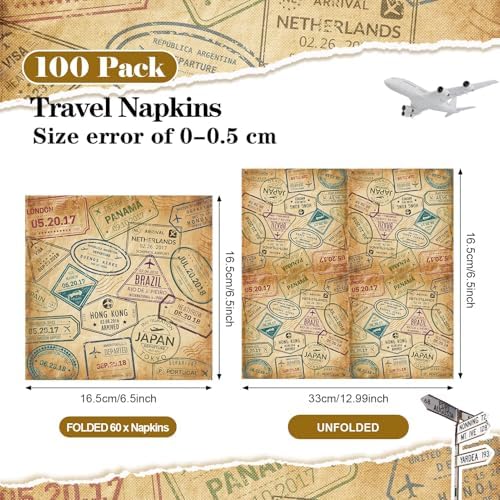 100 Pcs World Travel Paper Cocktail Napkins 6.5 x 6.5 Inches Disposable Paper Napkins Dessert Beverage Tissue for Decoupage Luncheon Tissue for Birthday Party Wedding