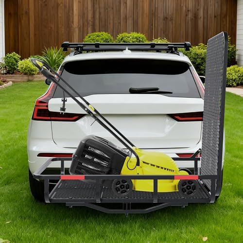 ECOTRIC Hitch Mount Wheelchair Carrier with Mobility Ramp for Wheelchair Scooter Lawn Mower Snow Blower Hauler 500lb Capacity Basket-Style, 73lbs Weight