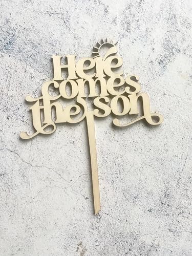Wooden Here Comes The Son Cake Topper,Here Comes The Son Baby Shower Cake Decorations for Sunshine Decorations Boho Sunshine Retro Boy Baby Shower Party Supplies
