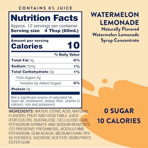 Jordan's Skinny Mixes Sugar Free Syrup, Watermelon Lemonade, Fruit Flavored Water Enhancer, Drink Mix Iced Tea, Lemonade, Drinks, Low Calorie Water Flavoring, Dairy & Gluten Free, Kosher, 25.4 Fl Oz