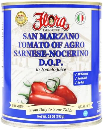 Flora Foods Tomatoes San Marzano DOP | 28 oz (793g) | Winner 100% Italian Quality | Imported, No Fat, Gluten Free, No Cholesterol (28oz - 12 Pack)