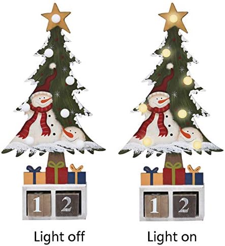 E-view Christmas Advent Calendar Wooden Xmas Tree Tabletop Decor with Lights, Rustic Countdown with Number Blocks Wood Santa Snowman Decoration Indoor Holidays Ornament (Snowman A)