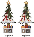 E-view Christmas Advent Calendar Wooden Xmas Tree Tabletop Decor with Lights, Rustic Countdown with Number Blocks Wood Santa Snowman Decoration Indoor Holidays Ornament (Snowman A)