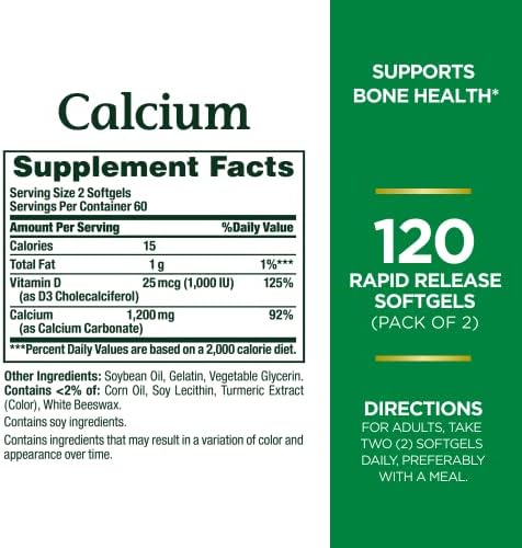 Nature's Bounty Calcium 1200 mg with Vitamin D3 - Bone Health Softgels, Calcium and Vitamin D Supplement, 120 Ct (2-Pack)