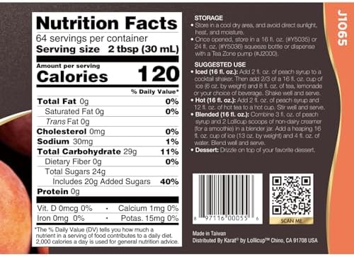 Tea Zone J1065 64 fl. oz Peach Syrup for Tea, Beverages, Sweets, Ice Cream, Cocktails Blending