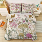White Reversible Printed Duvet Cover Set Queen Size - 3 Pieces (1 Zipper Closure Duvet Cover with 2 Pillow Shams) - Retro Butterflies Flower Field Ultra Soft Brushed Microfiber