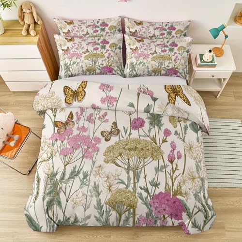 White Reversible Printed Duvet Cover Set Queen Size - 3 Pieces (1 Zipper Closure Duvet Cover with 2 Pillow Shams) - Retro Butterflies Flower Field Ultra Soft Brushed Microfiber
