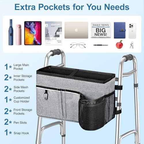 Dotday Upgraded Walker Basket for Folding Walker, Foldable Walker Bag with Cup Holder, Walker Accessories for Seniors with Limited Mobility, Large Capacity & Never Tipping Over- Not Fit for Rollator