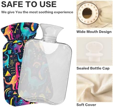 1L Large Classic Hot Water Bottle with Cover, Colorful Dinosaurs Durable Hot Water Bag for Hot and Cold Therapy, Tummy Cramps Neck and Shoulder Waist Pain Relief